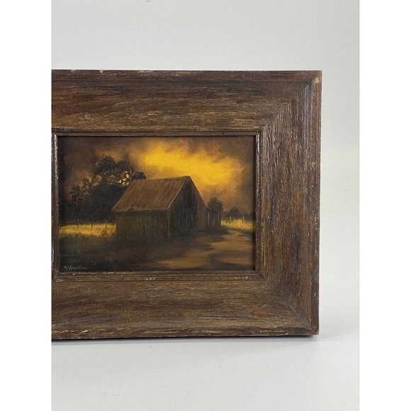 TEXAS ARTIST M. VERMILLION SIGNED OIL LANDSCAPE PAINTING-CABIN YELLOW SKY TREES - Picture 6 of 14
